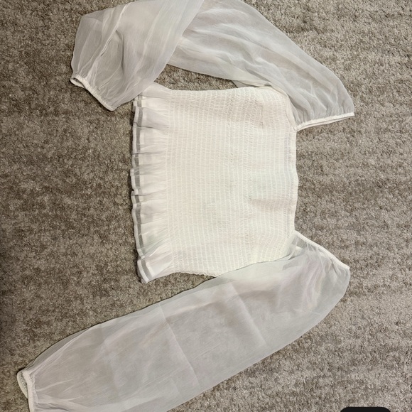 Hollister White Smocked Blouse with Sheer Sleeves - Picture 2 of 4